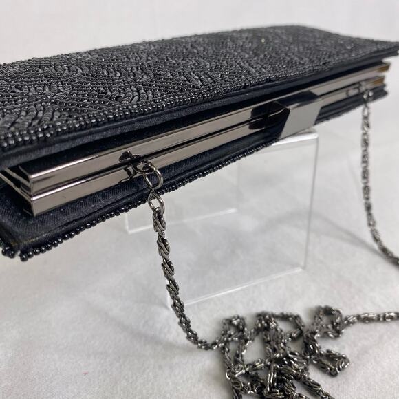 Jessica McClintock Black Beaded Evening Purse Chain Handle Goth Witchy Formal - Picture 6 of 8